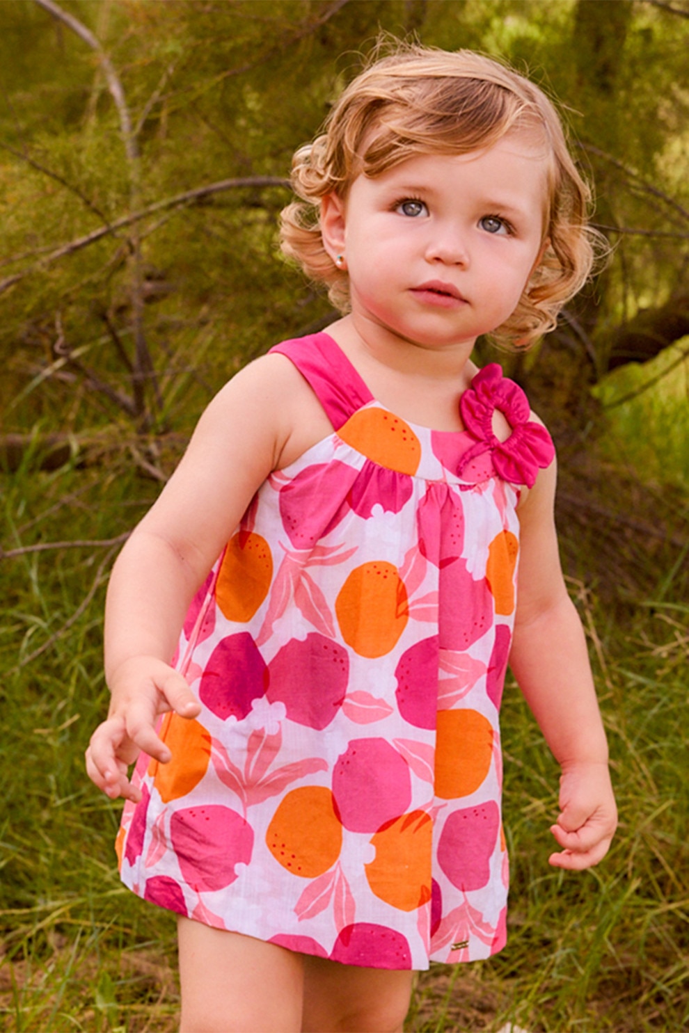 Mayoral, Rochie cu imprimeu si aplicatie florala, Alb, Portocaliu, Roz zmeuriu, 98 CM