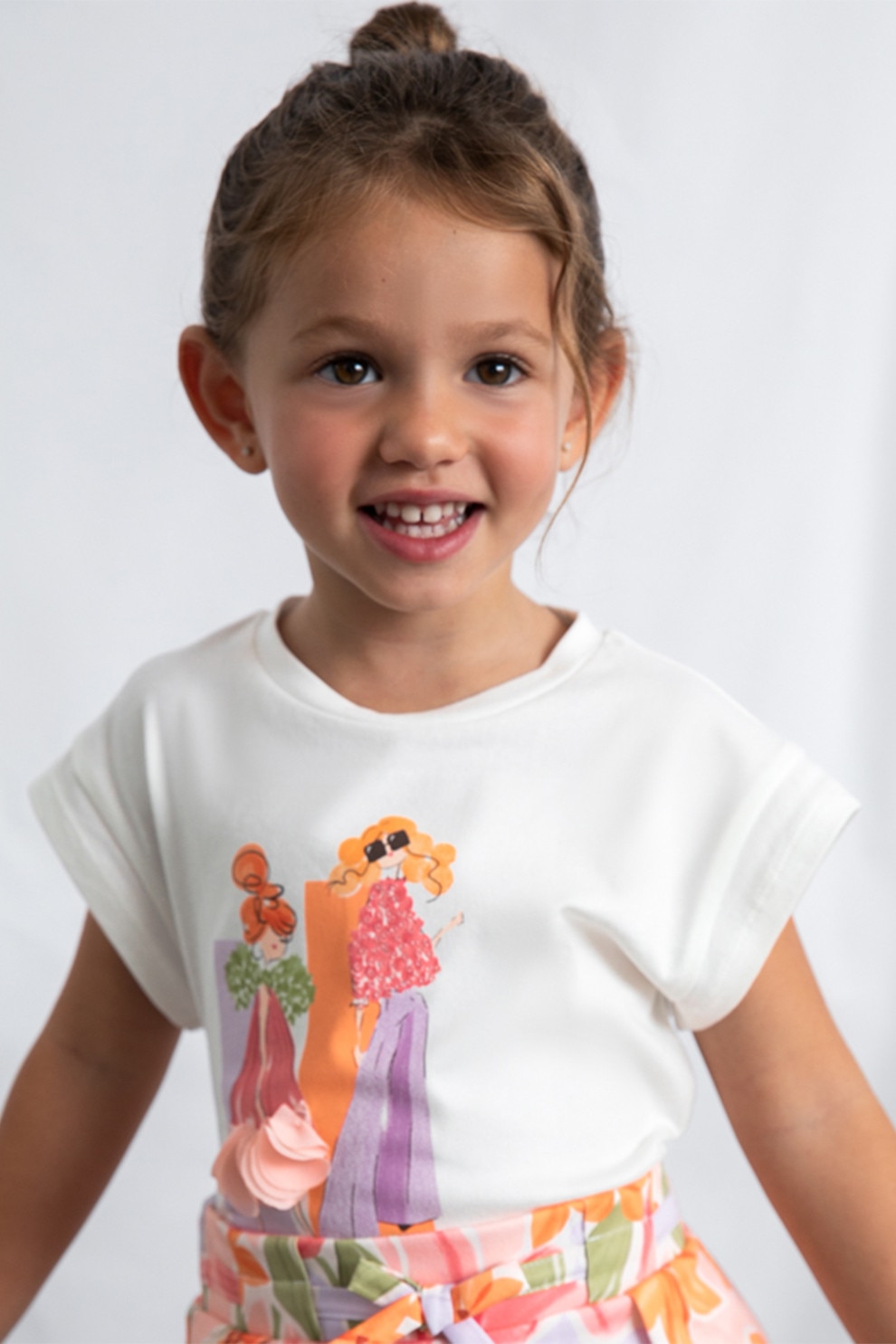 Mayoral, Tricou cu imprimeu grafic si decolteu la bza gatului, Piersica, Alb murdar, 134 CM