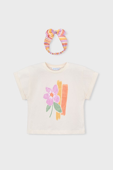 Mayoral, Set de tricou cu model floral si bentita cu funda - 2 piese, Roz/Crem