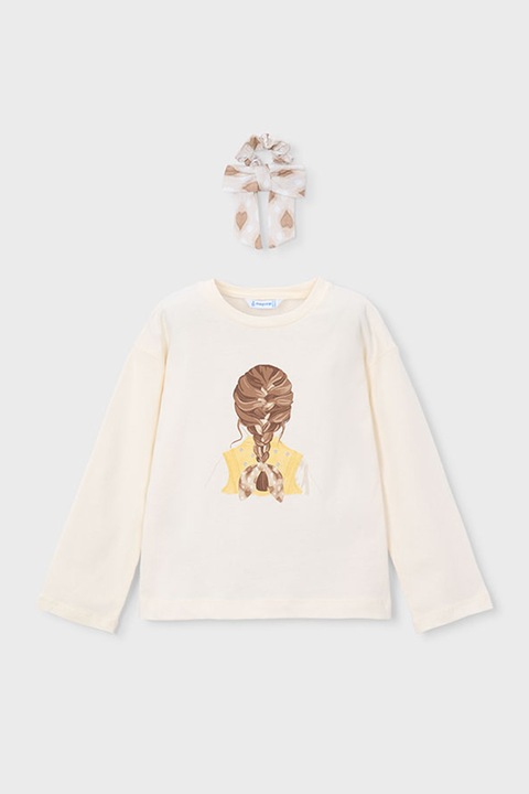 Mayoral, Bluza cu imprimeu si elastic de par, Alb fildes/Maro deschis