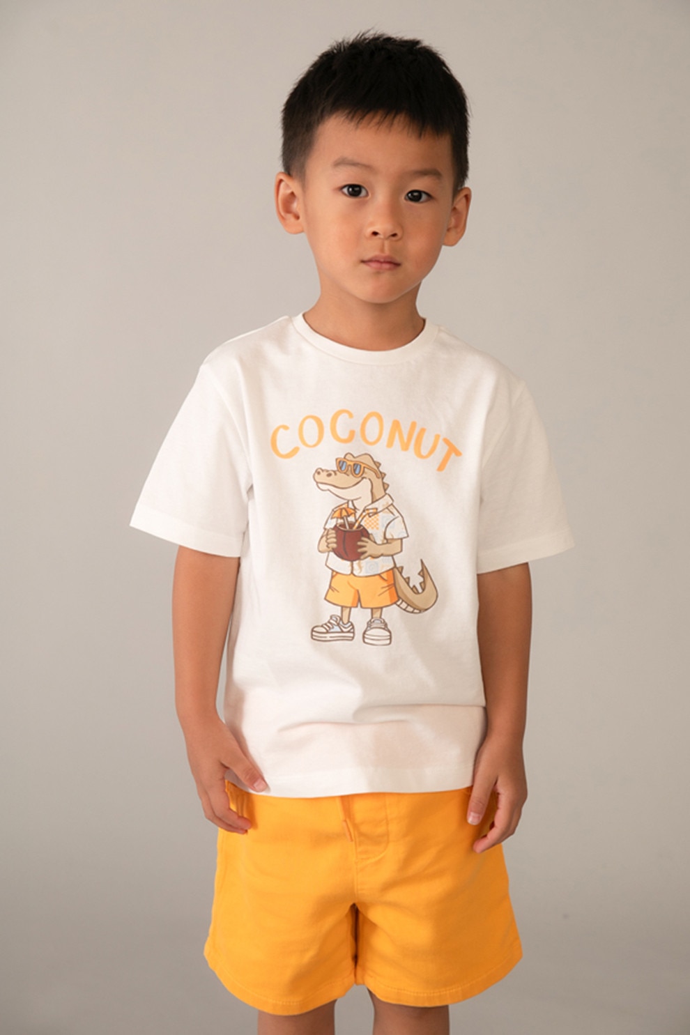 Mayoral, Tricou de bumbac cu model grafic, Portocaliu pal, Alb murdar, 134 CM