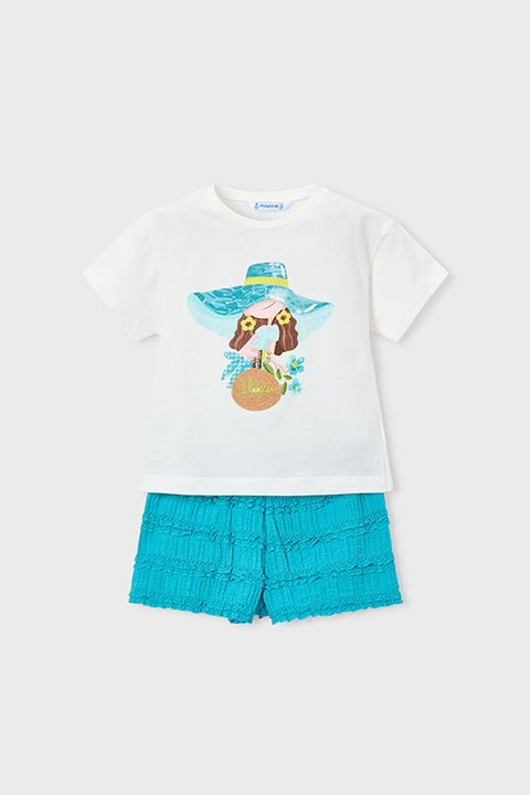 Mayoral, Set de tricou si pantaloni scurti, Alb/Turcoaz