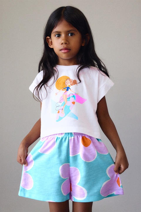 Mayoral, Set de pantaloni scurti si tricou cu imprimeu - 2 piese, Alb/Turcoaz