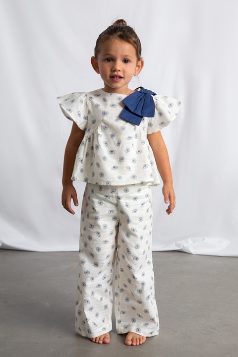 Mayoral, Set de tricou cu model floral si pantaloni - 2 piese, Alb/Bleumarin