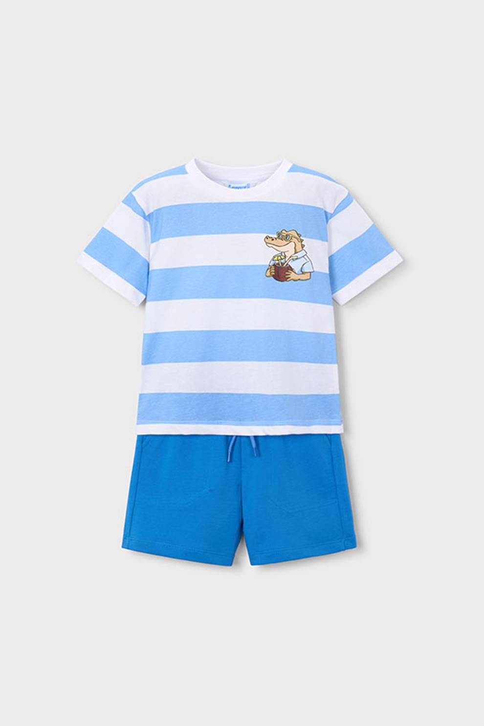 Mayoral, Set de tricou si pantaloni scurti cu buzunare oblice - 2 piese, Alb, Albastru, 116 CM
