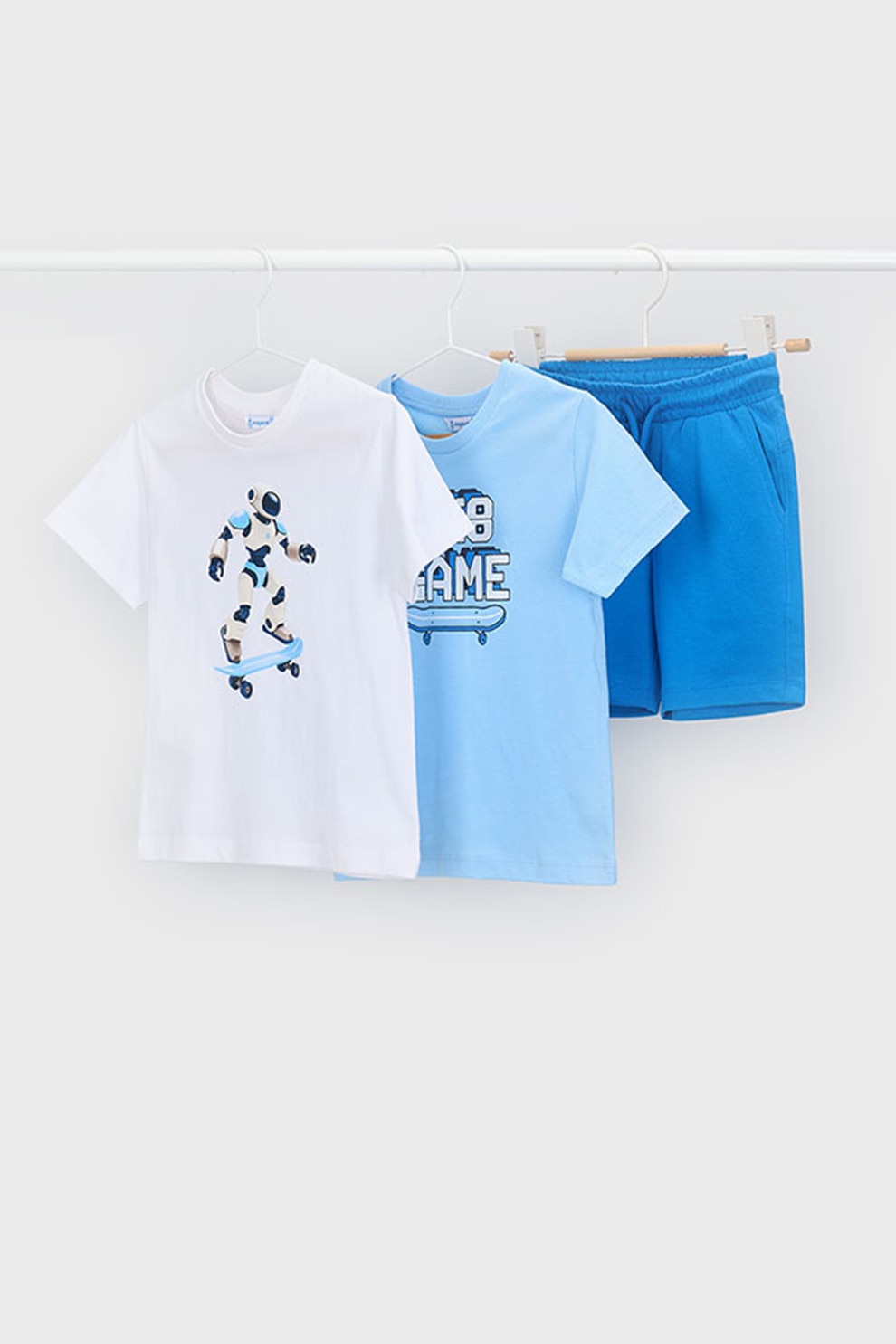Mayoral, Set de tricou de bumbac si pantaloni scurti - 3 piese, Alb, Albastru, 116 CM
