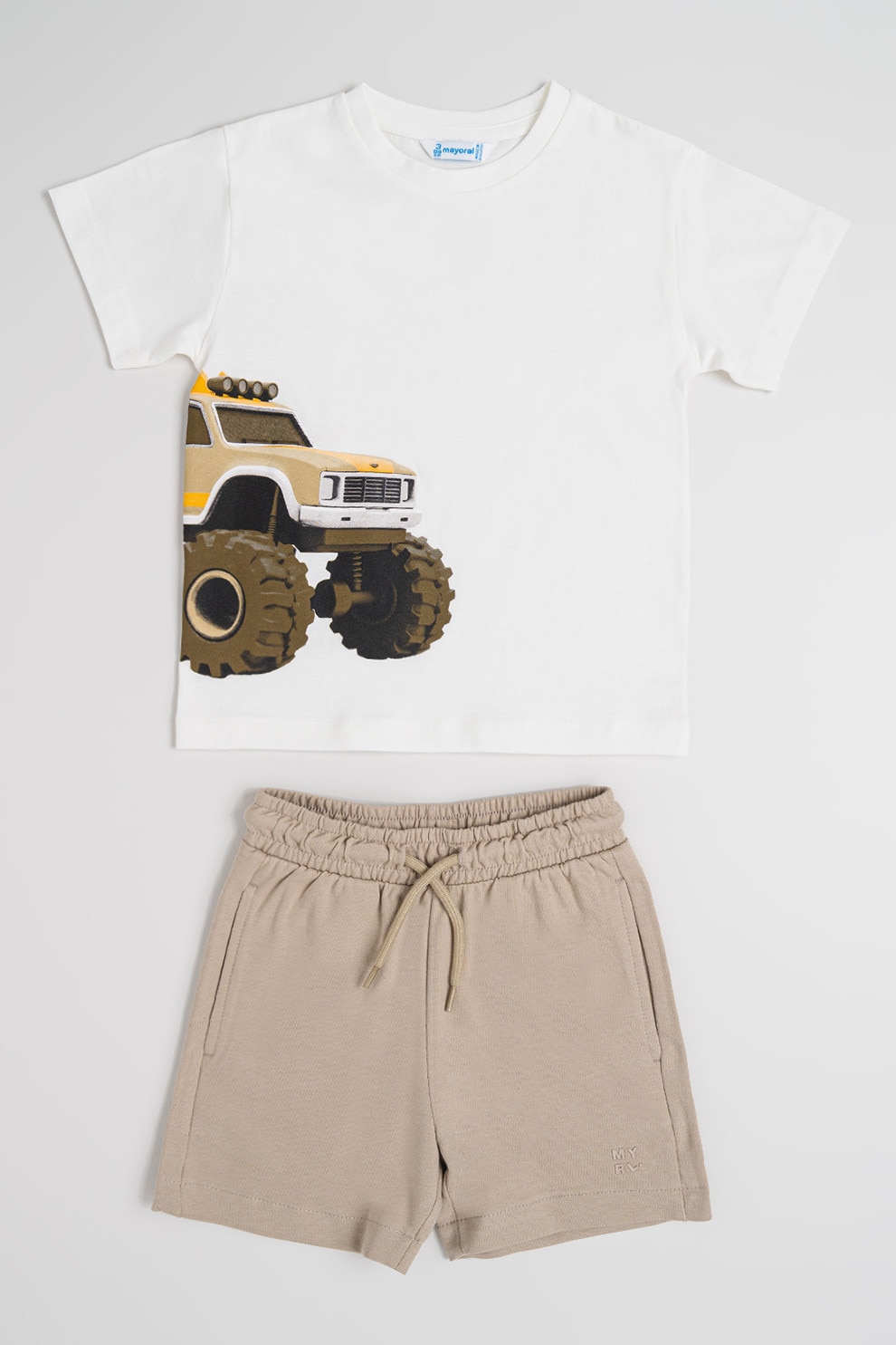 Mayoral, Set de tricou si pantaloni scurti din bumbac, Alb, Portocaliu, Kaki, 116 CM