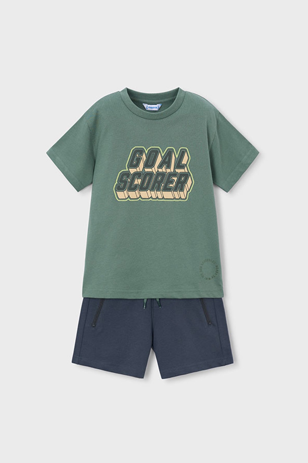 Mayoral, Set de tricou cu decolteu la baza gatului si pantaloni scurt - 2 piese, Verde feriga, Bleumarin, 116 CM