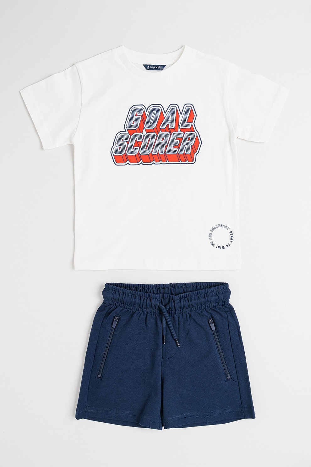Mayoral, Set de tricou cu decolteu la baza gatului si pantaloni scurt - 2 piese, Alb, Bleumarin, 128 CM