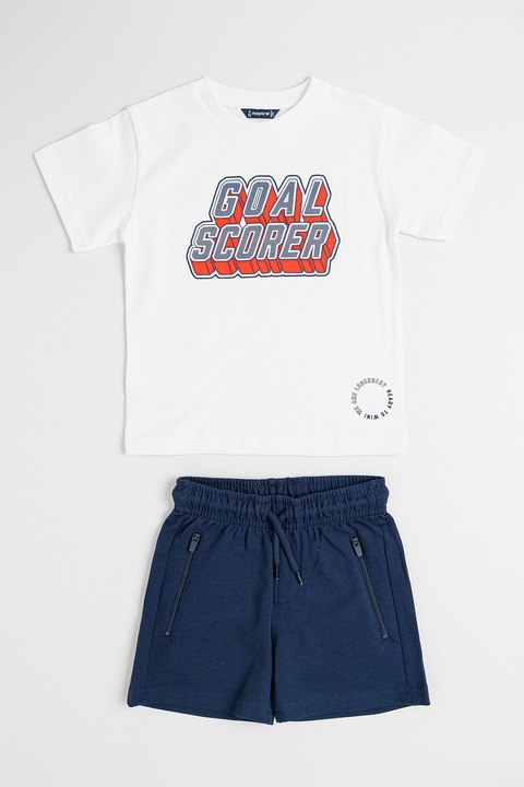 Mayoral, Set de tricou cu decolteu la baza gatului si pantaloni scurt - 2 piese, Alb/Bleumarin