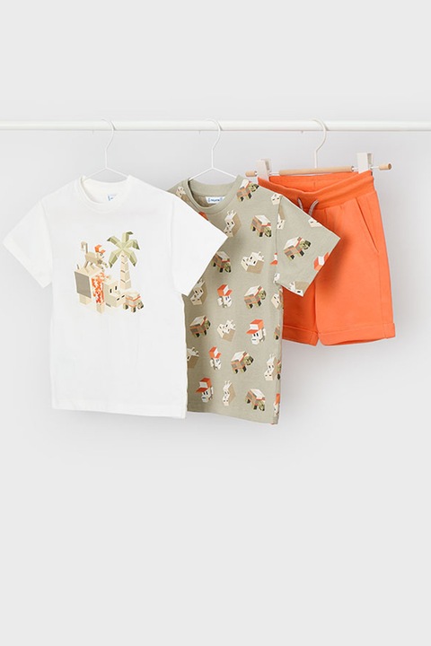 Mayoral, Set de tricou si pantaloni scurti de bumbac - 3 piese, Alb/Portocaliu/Kaki