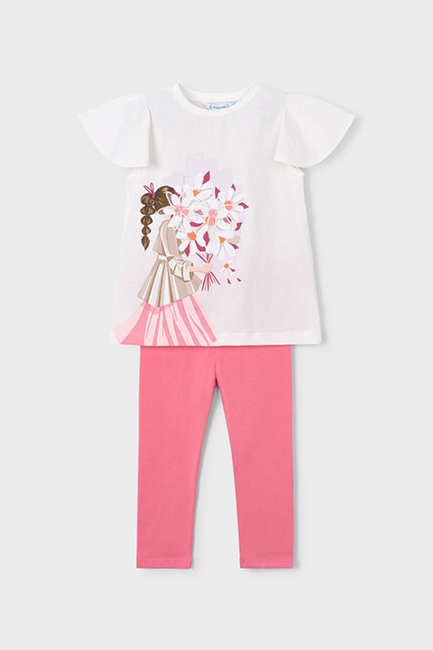 Mayoral, Set de tricou si colanti cu imprimeu grafic, Alb/Roz