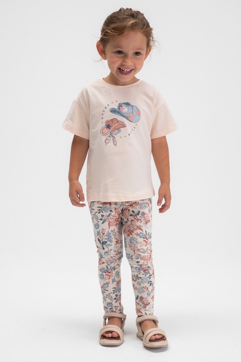 Mayoral, Set de tricou cu imprimeu grafic si floral si colanti, Piersica/Albastru