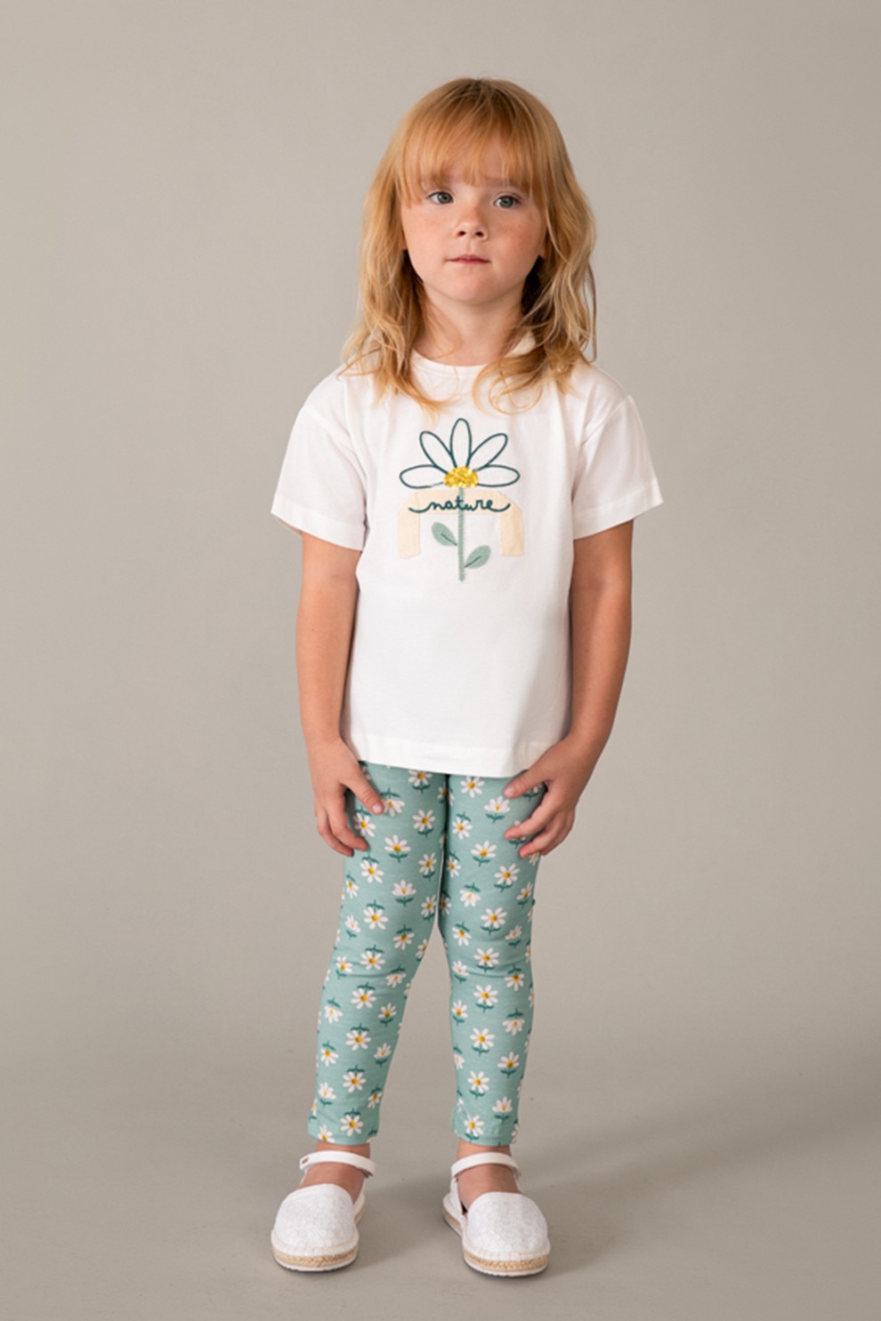 Mayoral, Set de tricou cu imprimeu grafic si floral si colanti, Alb, Verde, 104 CM