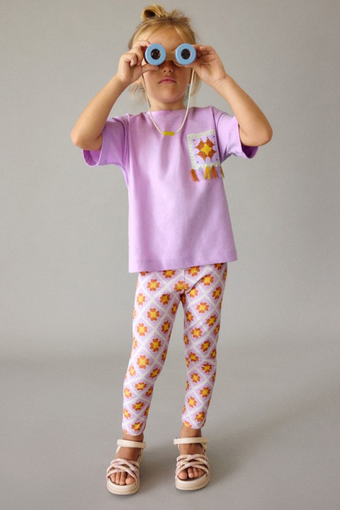 Mayoral, Set de tricou cu imprimeu grafic si floral si colanti, Portocaliu/Roz orhidee