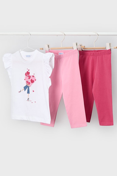 Mayoral, Set de tricou cu imprimeu si colanti trei sferturi - 3 piese, Alb optic/Roz