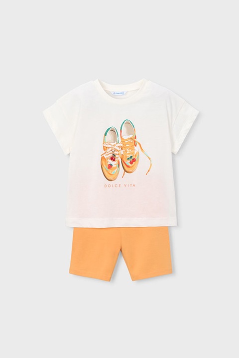 Mayoral, Set de tricou de bumbac si colanti scurti, Portocaliu pal/Alb murdar