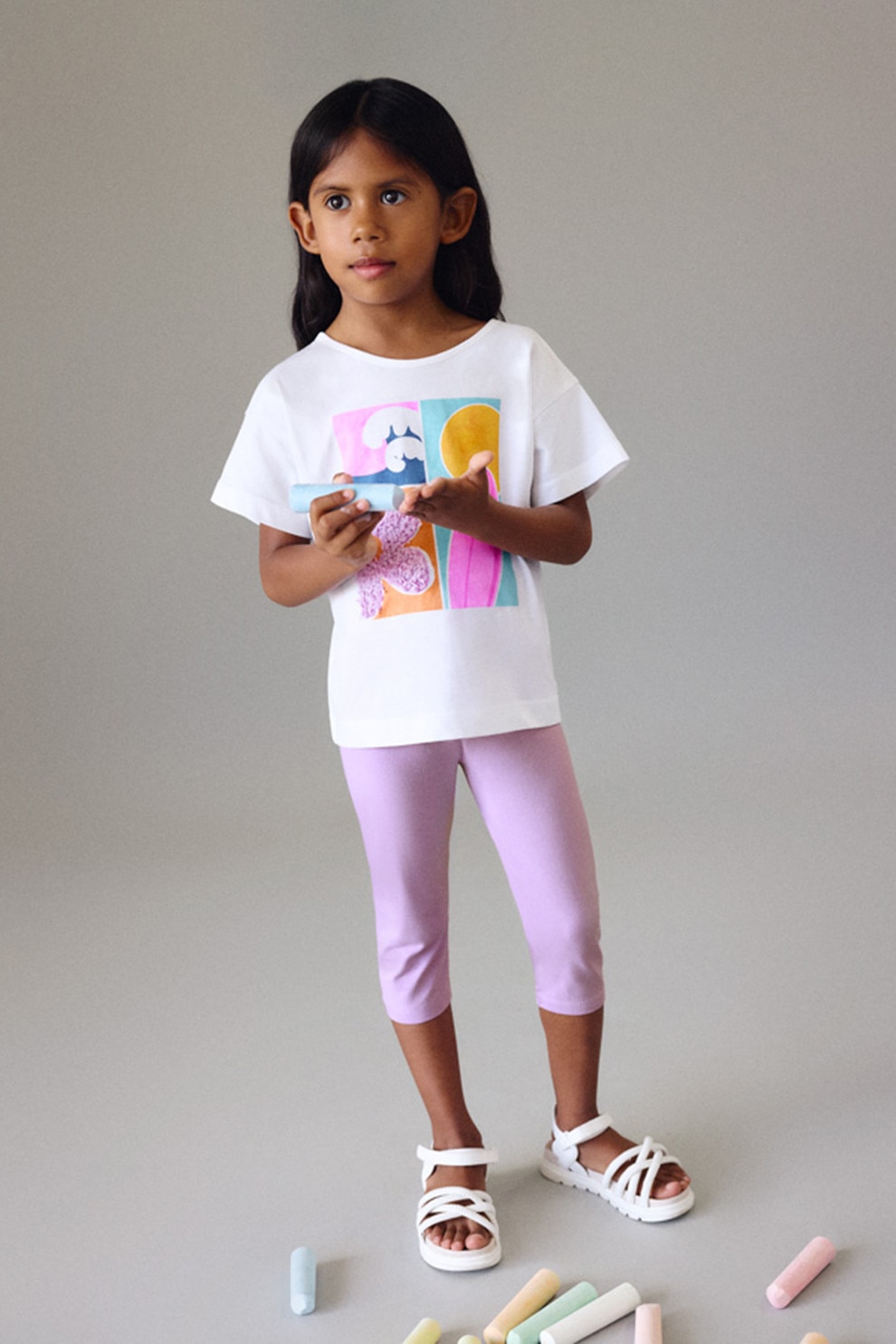 Mayoral, Set de tricou cu imprimeu si colanti, Alb, Lila, 128 CM