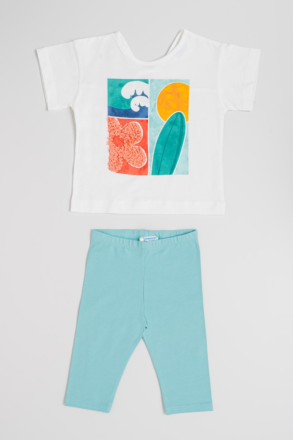 Mayoral, Set de tricou cu imprimeu si colanti, Alb, Verde, Coral, 128 CM