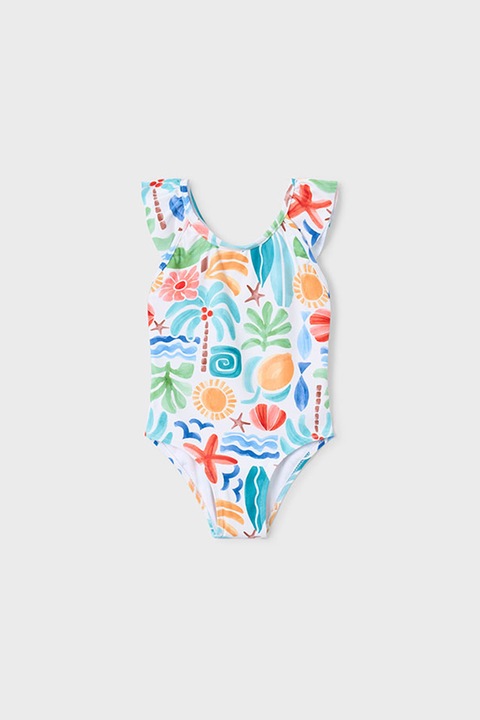 Mayoral, Costum de baie intreg cu model floral, Alb/Portocaliu/Albastru