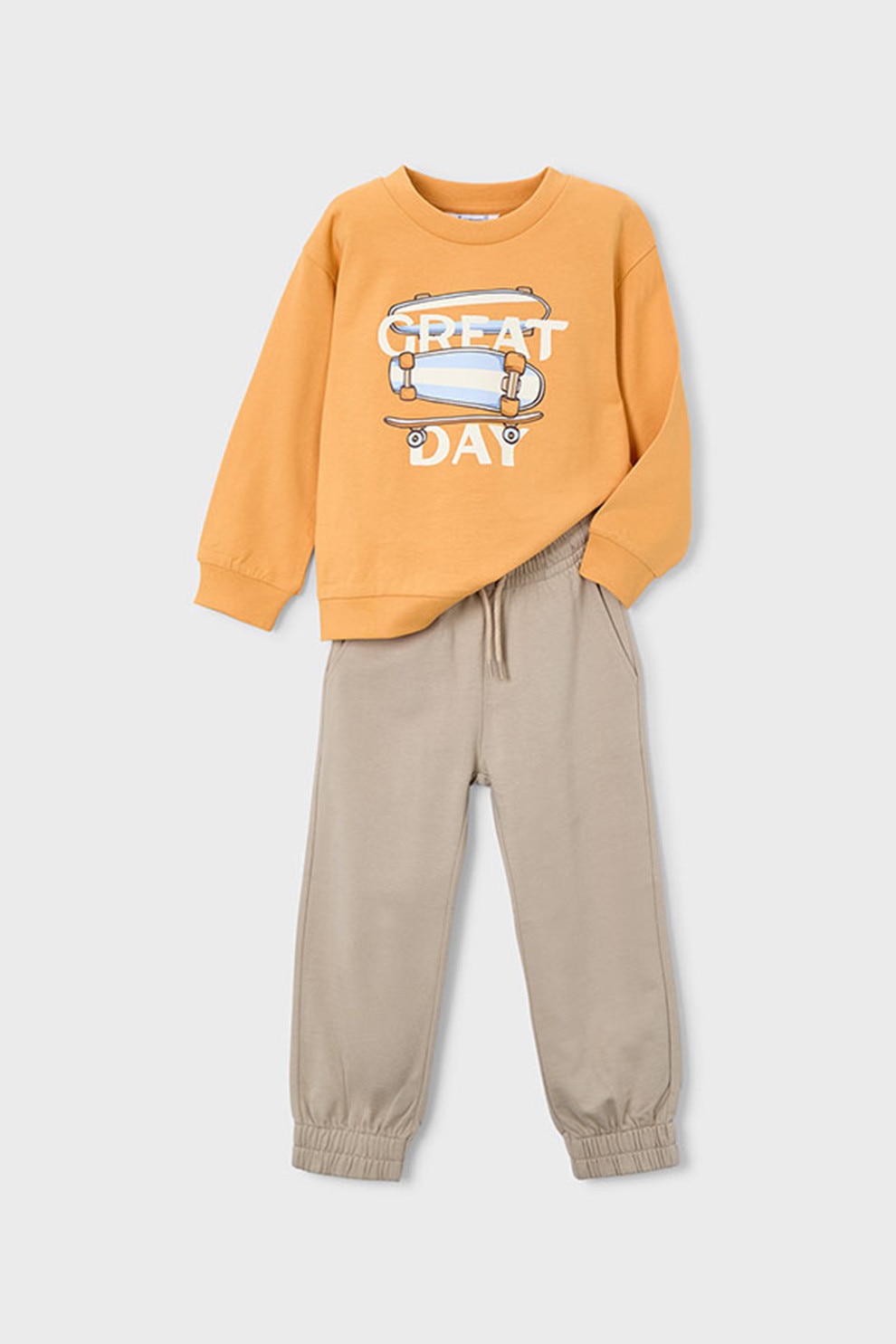 Mayoral, Set de bluza de trening cu imprimeu si pantaloni, Portocaliu, Maro nisip, 110 CM