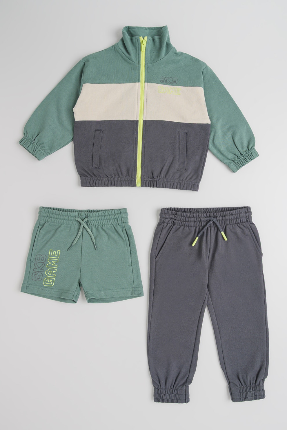 Mayoral, Set de bluza de trening, pantaloni scurti si lungi, Verde, Gri inchis, 104 CM