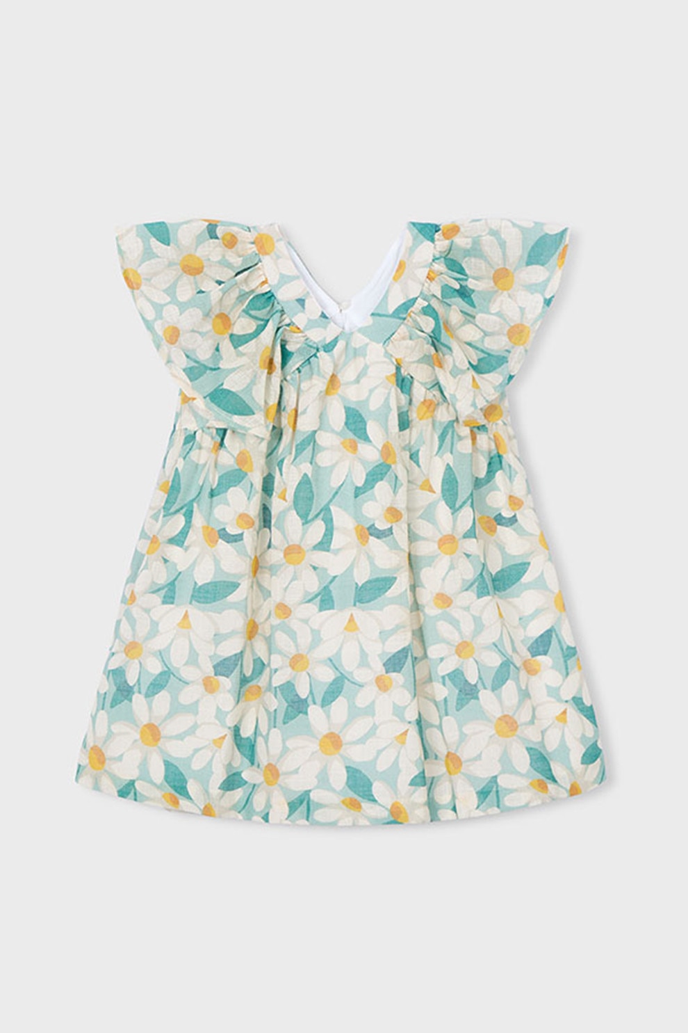 Mayoral, Rochie dreapta cu model floral si decolteu in V, Alb, Verde, Portocaliu pal, 122 CM