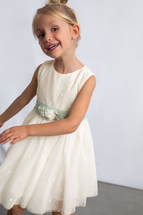 Mayoral, Разкроена рокля с колан и флорални апликации, Зелен/Мръснобял