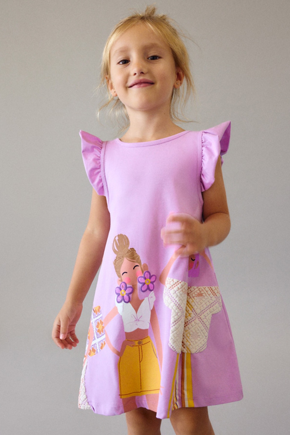 Mayoral, Rochie cu imprimeu si maneci scurte cu volane, Bej, Lila, 134 CM