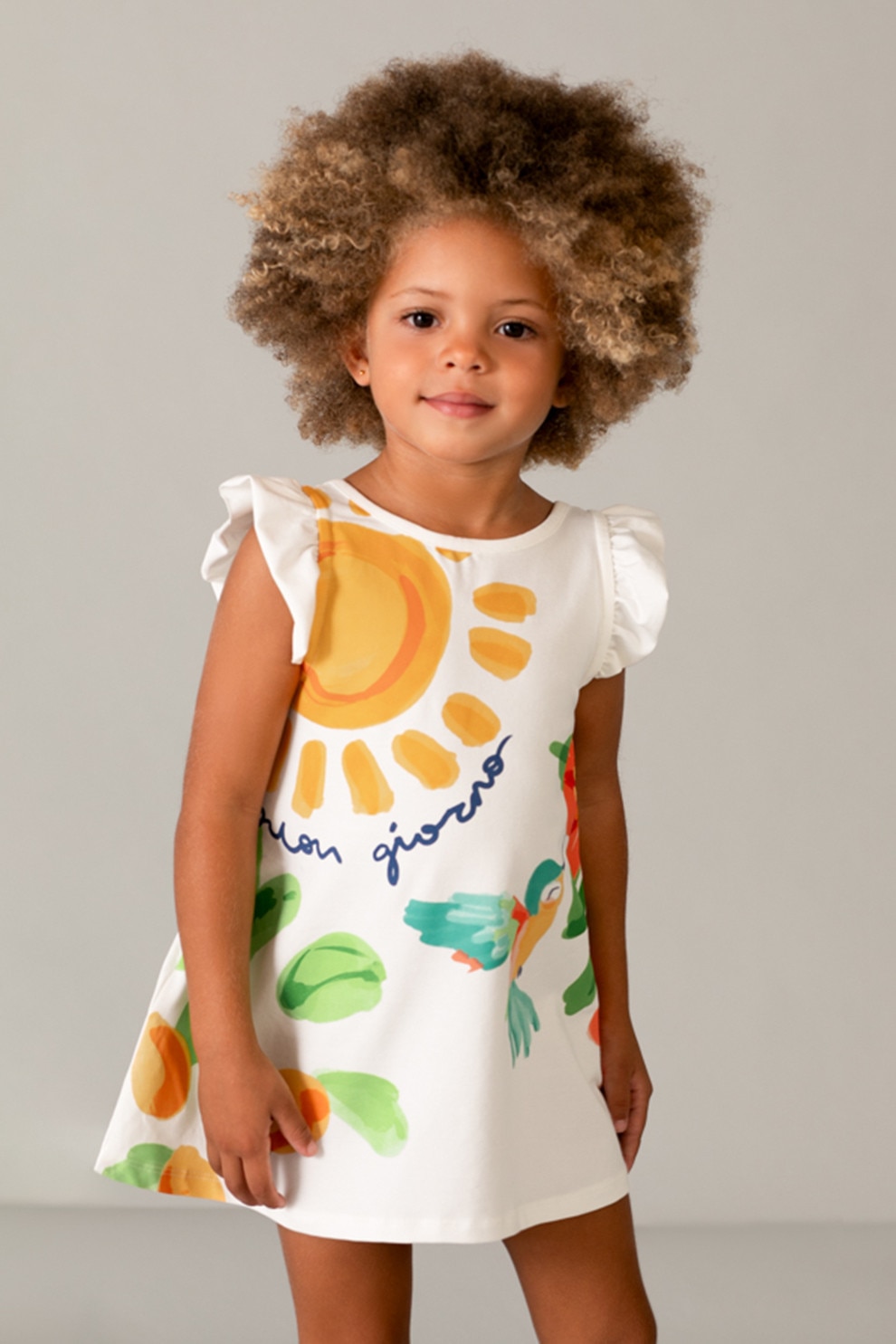 Mayoral, Rochie cu imprimeu si maneci scurte cu volane, Alb, Portocaliu, 110 CM
