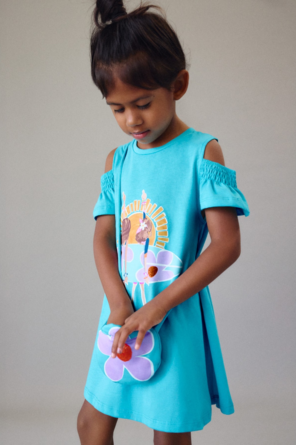 Mayoral, Rochie cu decupaj pe umar si geanta de umar, Turcoaz, Roz, 104 CM