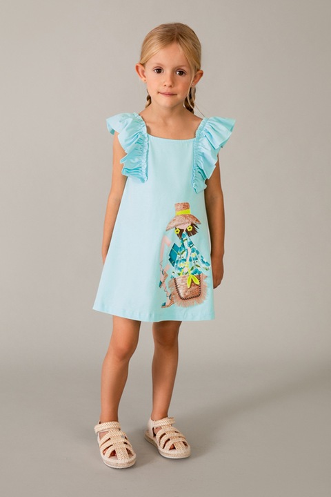 Mayoral, Rochie cu decolteu patrat si garnituri cu volane, Albastru glaciar