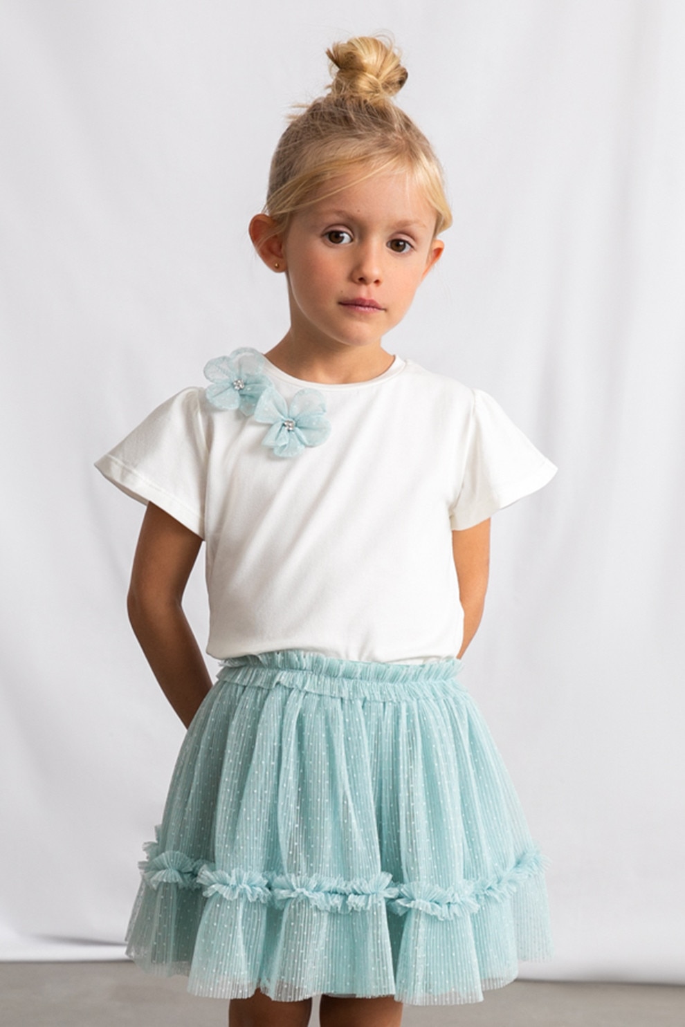 Mayoral, Set de fusta si tricou cu imprimeu - 2 piese, Alb, Verde deschis, 128 CM