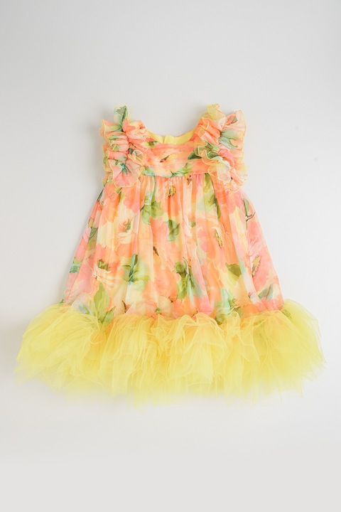 Abel & Lula, Rochie cu model floral si cordon in talie, Galben/Portocaliu pepene