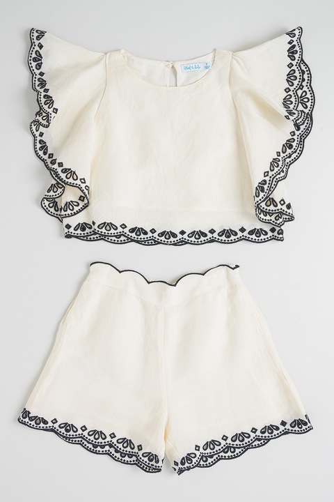 Abel & Lula, Set de tricou cu maneci cu volane si pantaloni scurti cu terminatii valurite - 2 piese, Alb fildes/Negru