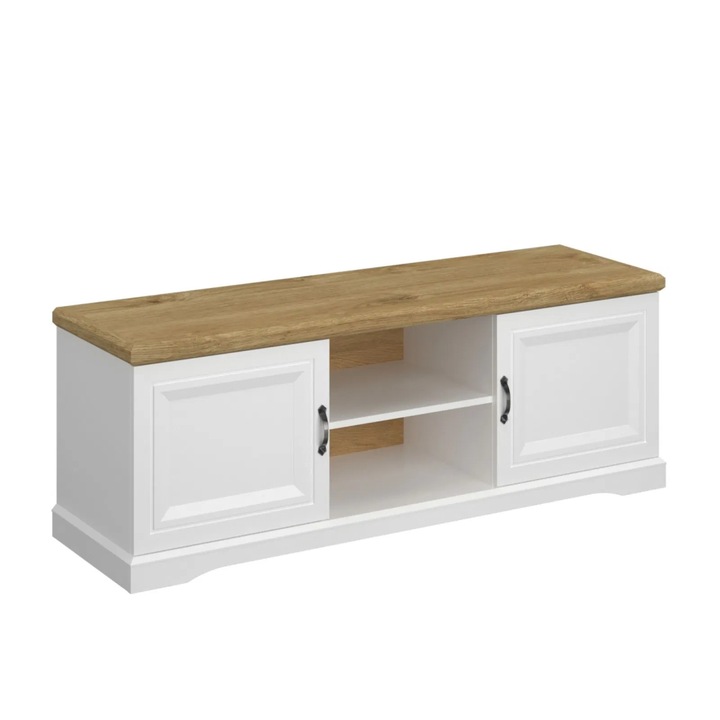 Comoda TV Expomob RIVA, 2 usi, dimensiune 149,6x45x54,5 cm, culoare alb + stejar harbor