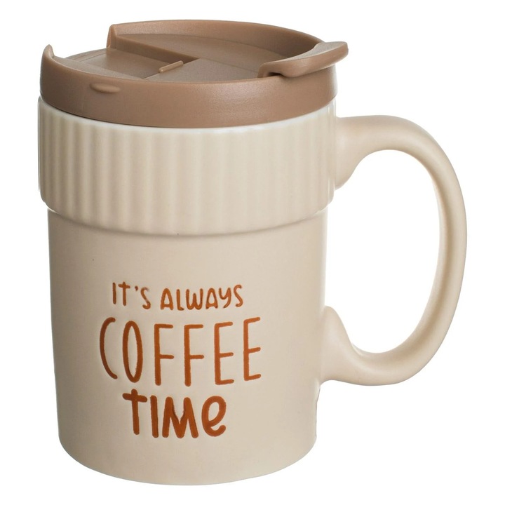Порцеланова чаша „Coffee Time“, Вместимост 400 мл, Бежов цвят с кафяв капак, Модерен дизайн