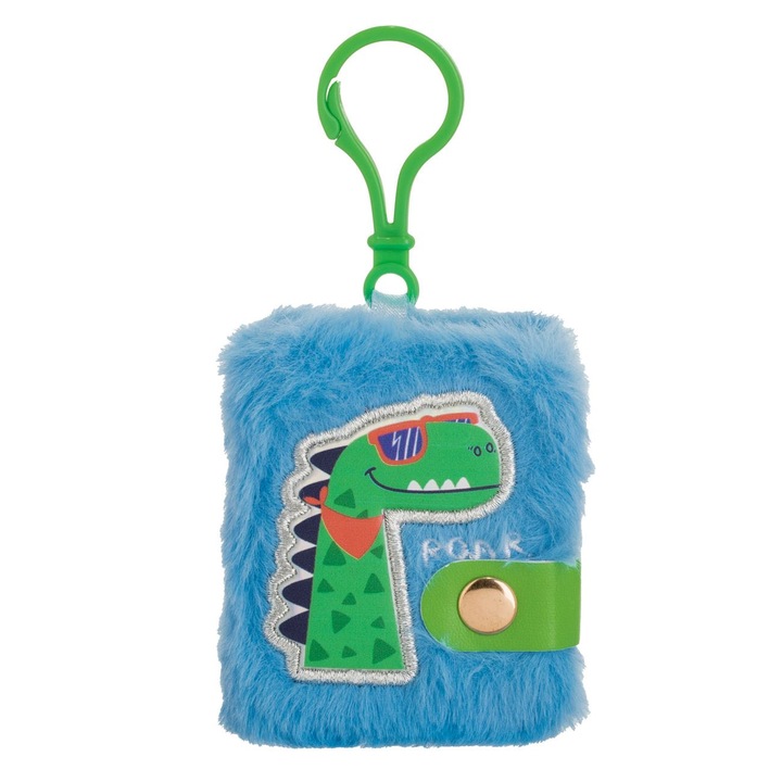 Plüss kulcstartó jegyzettömbbel, dínós, kék, 6x7cm, szett