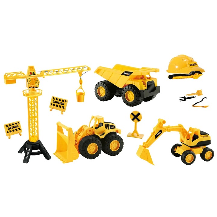 Építőipari járműkészlet kiegészítőkkel és sisakkal