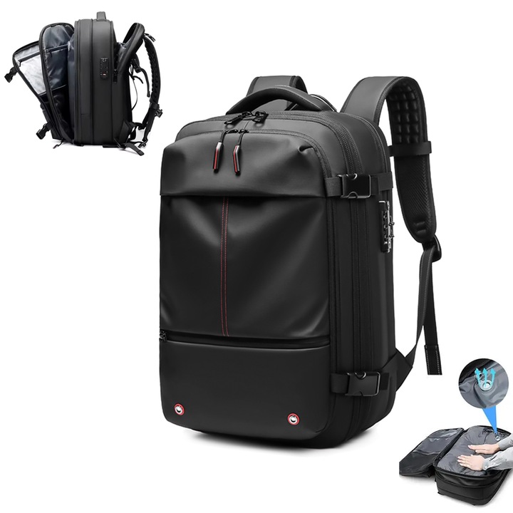 Rucsac extensibil cu vacuum si cifru NEXTLY, multiple compartimente, calitate premium, impermeabil, 49x32x15cm, negru