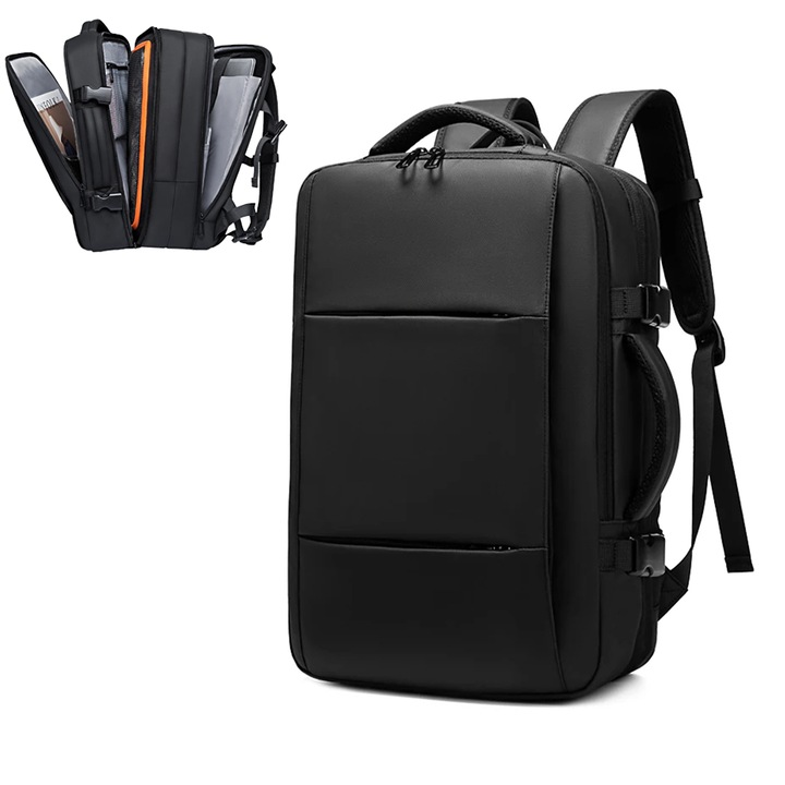 Rucsac multifunctional extensibil NEXTLY, tip bagaj de mana, multiple compartimente, impermeabil, material calitativ, respirabil, atasare pe troler, 2 manere, 50x33x15cm, negru