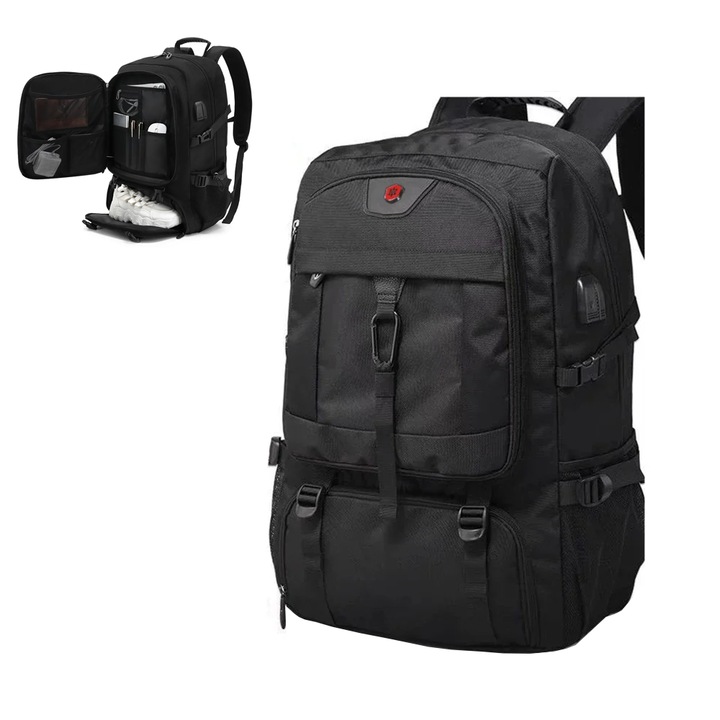 Rucsac multifunctional extensibil NEXTLY, multiple compartimente, compartiment adidasi, port USB si mufa Jack, material calitativ, respirabil, atasare pe troler, maner, 51x32x15cm, negru