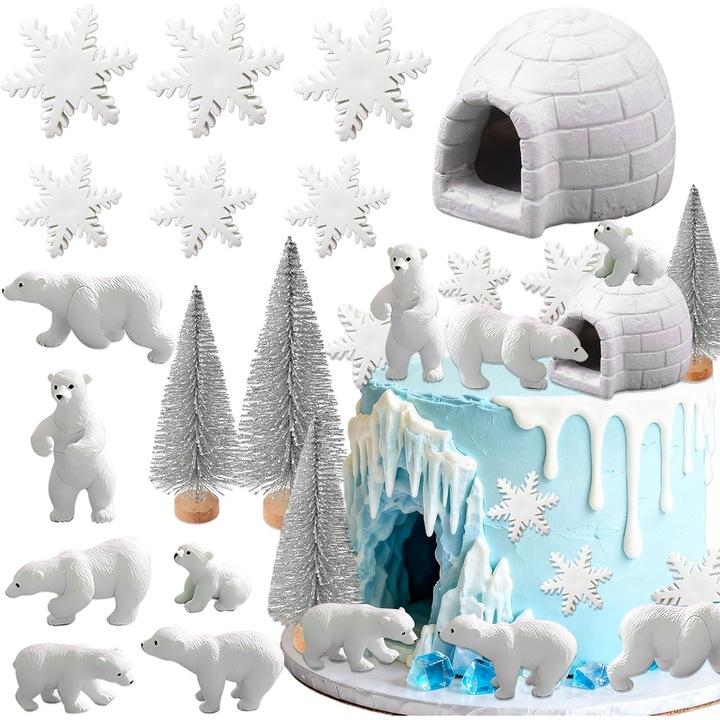 Decoratiuni tort cu urs polar, decoratiuni cu animale arctice, accesorii de petrecere, decoratiuni tort cu animale de iarna, decoratiuni petrecere Tara Minunilor de iarna