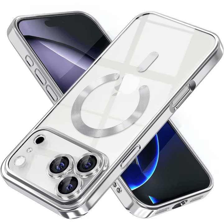 Husa telefon, Bervolo, pentru iPhone 17 Pro Max, Magentica, Protectie Camera, Transparenta cu Margini Argintii