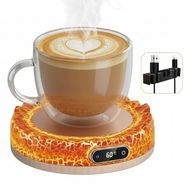 Suport Incalzitor Pentru Cani PRAXELL®, Iluminare Ambientala RGB, Control Termostatic 50–80°C, Afisaj Digital, Oprire Automata, Design Tip Vulcan, Alb, Cu Organizator Cabluri