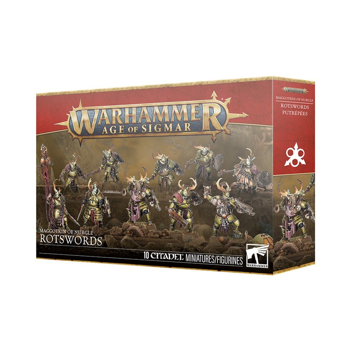Разширение за игра Warhammer Age of Sigmar, Rotswords Maggotkin of Nurgle, Games Workshop, 10 модела за сглобяване, сив
