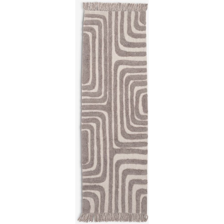 Covor dreptunghiular, geometric, franjuri, bej cu gri, 65 x 200 cm