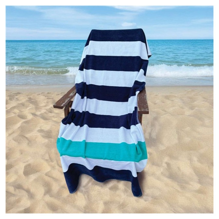 Плажна кърпа велур Olima „Nautical Stripe”, 100% памук, 320 гр/м², Olima OLV4040, Тъмносин/Бял/Аквамарин, 90X180