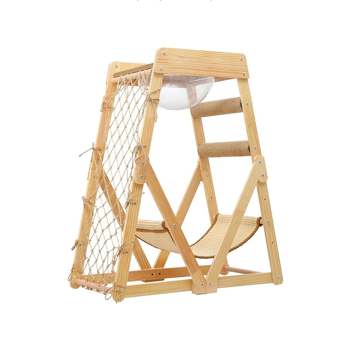 Ansamblu de joaca pentru pisici NEXTLY, spatiu pentru odihna, scara, plasa, hamac, materiale calitative, lemn, crem