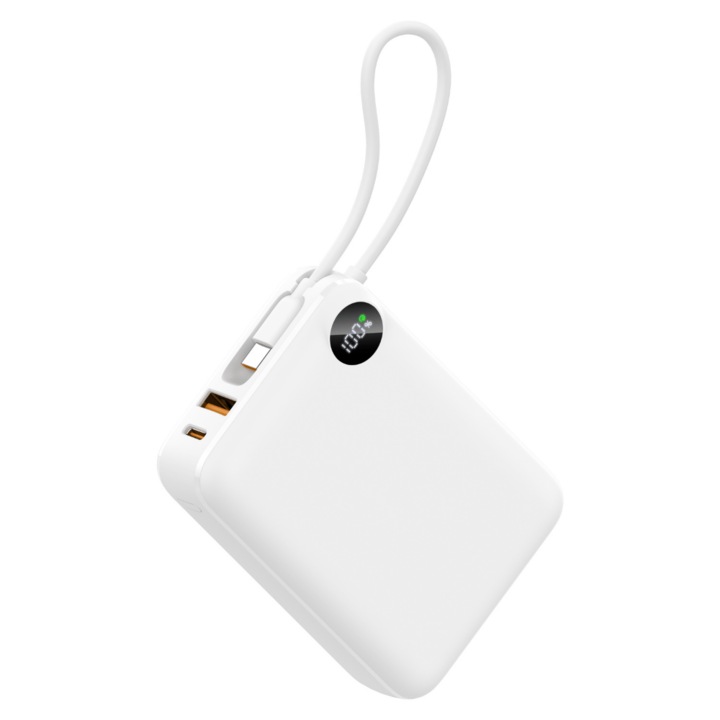 Baterie externa Voltres ChargeGO, 20000mAh, 22.5W, Cablu USB-C 15cm inclus, Port USB-C, Port USB-A, Acumulator Extern Incarcare Rapida, Compatibil Apple, Samsung, Alb